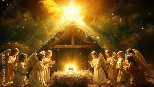 A peaceful nativity scene, with angels gently hovering pic