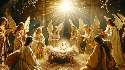A peaceful nativity scene, with angels gently hovering pic