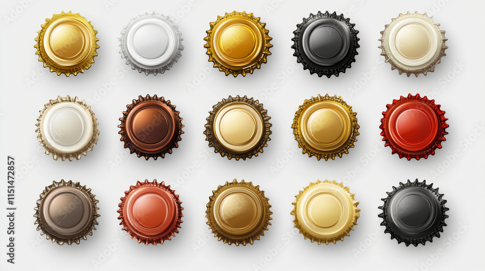 Beer caps set. Alcoholic drink bottles caps collection decent vector realistic templates Beer caps set. Alcoholic drink bottles caps collection decent vector realistic templates