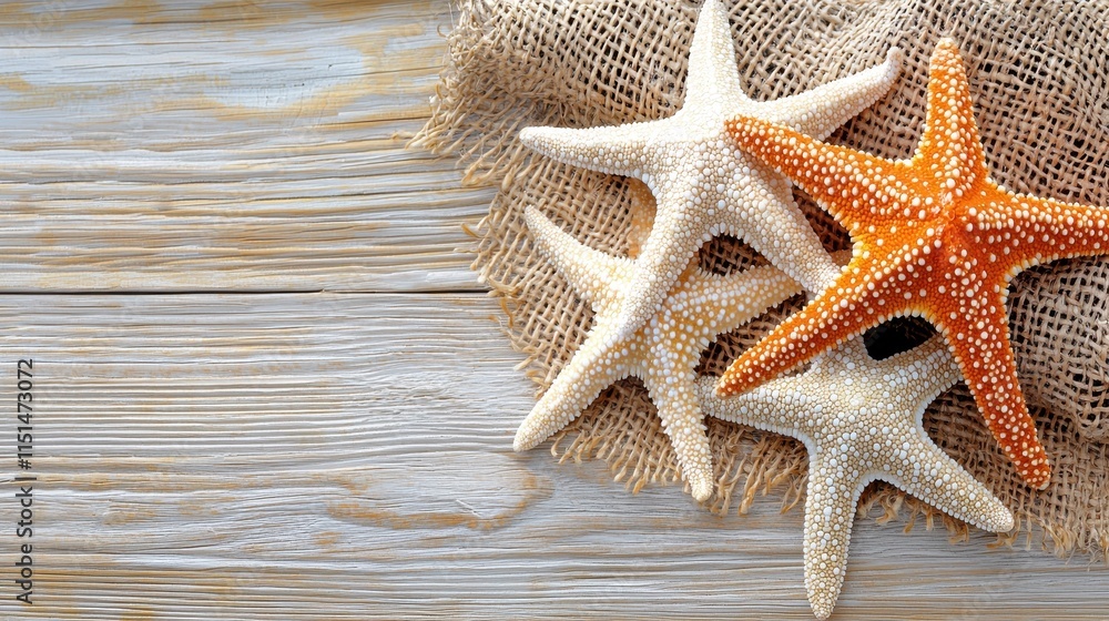 Colorful Starfish on Natural Burlap Fabric with Rustic Wooden Background Colorful Starfish on Natural Burlap Fabric with Rustic Wooden Background