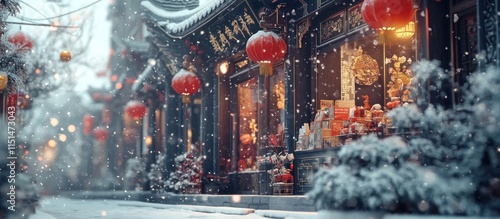 Snowfall on a quaint Asian street, adorned with red lanterns and festive decorations.