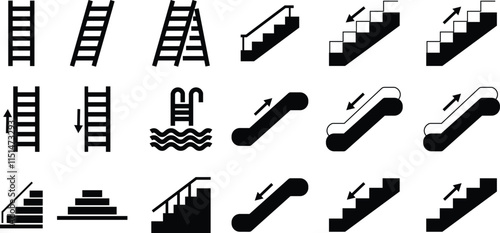 Stairs realistic icon set. Architectural object staircase up steps black flat vector collection isolated on transparent background. Modern templates interior staircase architecture direction.