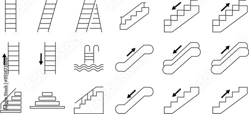 Stairs realistic icon set. Architectural object staircase up steps black line vector collection isolated on transparent background. Modern templates interior staircase architecture direction.