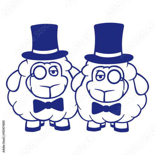 2 Sheep Men Gentlemen Top Hat Monocle Sir Two Mr. Design Lover Art Vector Illustration Card T-Shirt Poster Sticker Graphic Print Decorative Drawing Isolated Logo Decoration Symbol Creative Cool Style
