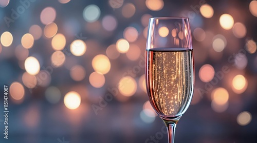 Festive champagne flute with sparkling bokeh background. Perfect for New Year, Christmas, celebration, and holiday themes. Elegant and luxurious image