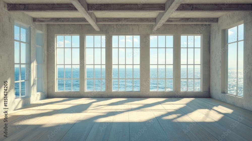 Coastal View Room: Serene Empty Space with Ocean Panorama Coastal View Room: Serene Empty Space with Ocean Panorama