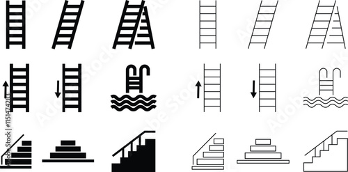 Stairs realistic icon set. Architectural object staircase up steps black flat and line vector collection isolated on transparent background. Modern templates interior staircase architecture direction.