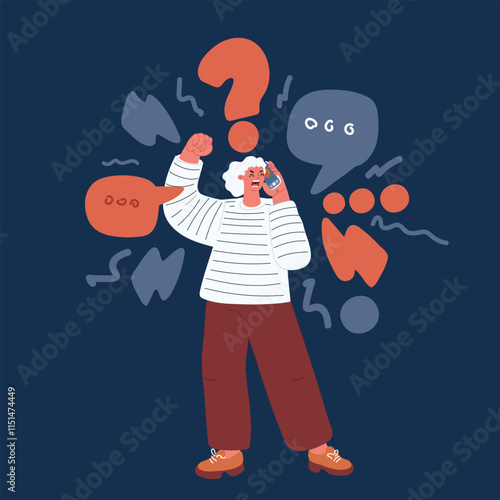 Cartoon vector illustration of an angry woman arguing on the phone with someone, symbolizing frustration, conflict, and communication issues.