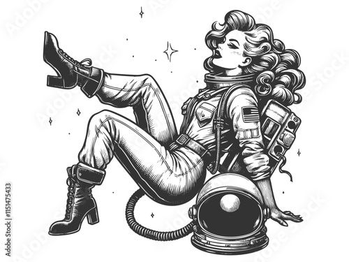 female astronaut lounging in a spacesuit with flowing hair and space-themed details sketch engraving generative ai vector illustration. Scratch board imitation. Black and white image.