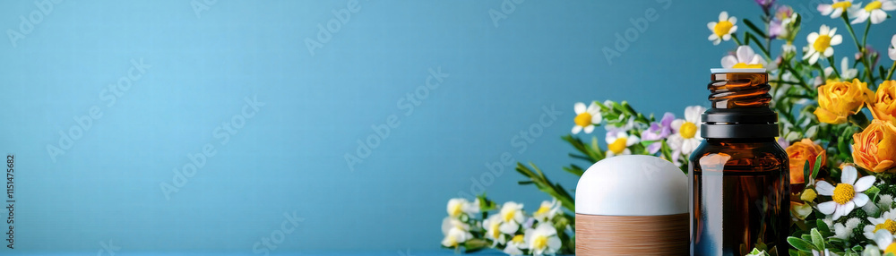 Relaxation self-care wellness. Aromatic bottles with flowers on a blue background. Relaxation self-care wellness. Aromatic bottles with flowers on a blue background.