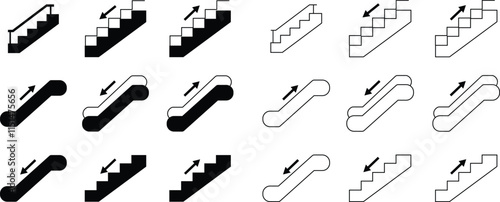 Stairs realistic icon set. Architectural object staircase up steps black flat and line vector collection isolated on transparent background. Modern templates interior staircase architecture direction.