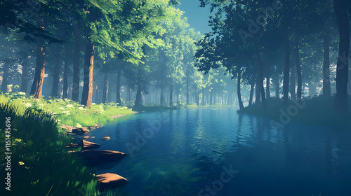 Wallpaper Mural Serene Forest River: A Summer Landscape of Tranquility and Natural Beauty Torontodigital.ca