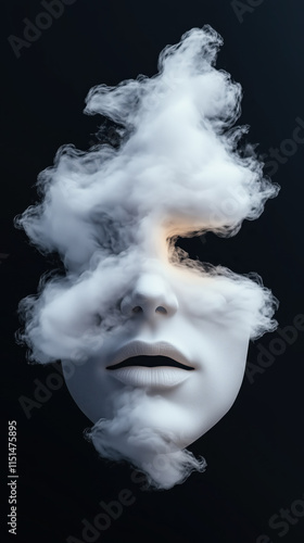 Ethereal face shrouded in swirling smoke against dark background