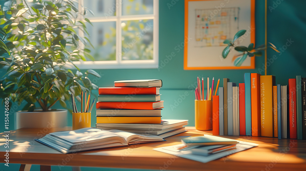 Close-up of textbooks on a desk ready for study Close-up of textbooks on a desk ready for study