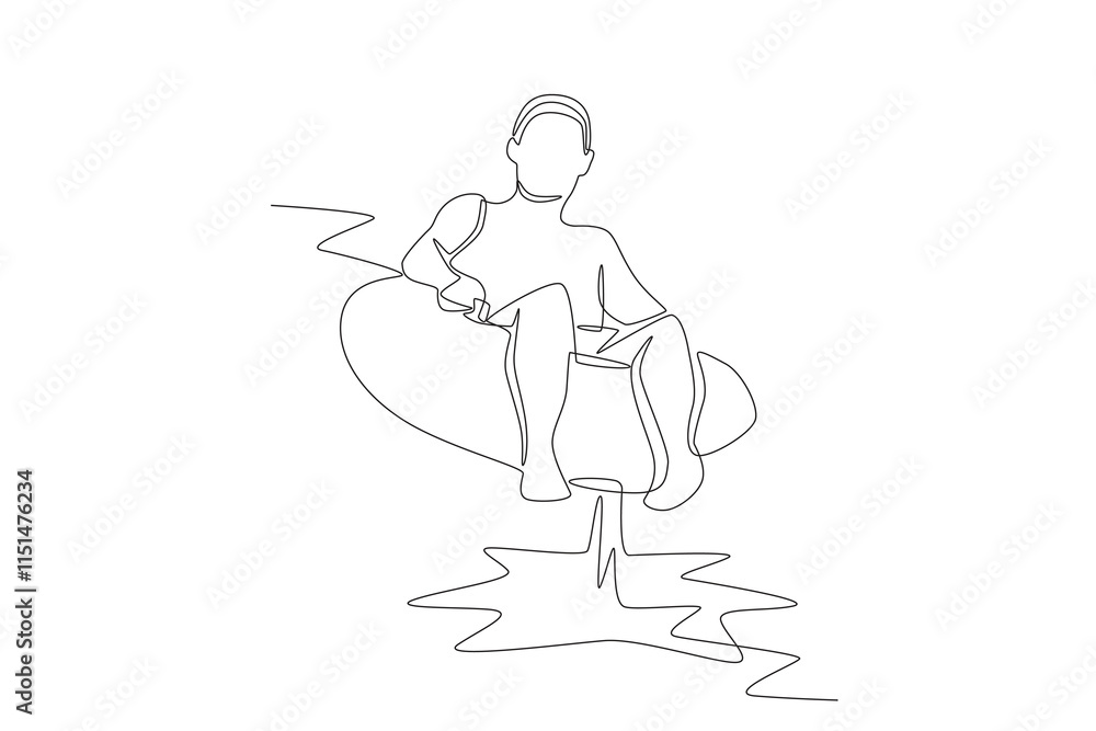 Man riding a waterpark ride with a swimming ring. Water park concept one-line drawing Man riding a waterpark ride with a swimming ring. Water park concept one-line drawing