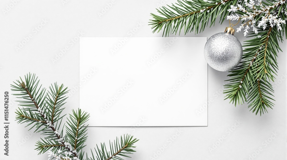 Blank Christmas card mockup with fir branches, silver ornament, and snowflakes. Perfect for holiday greeting cards, invitations, or winter stationery design Blank Christmas card mockup with fir branches, silver ornament, and snowflakes. Perfect for holiday greeting cards, invitations, or winter stationery design