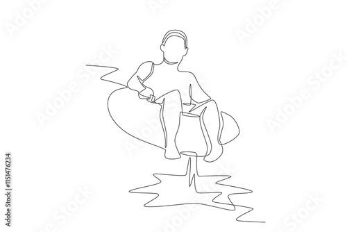 Man riding a waterpark ride with a swimming ring. Water park concept one-line drawing
