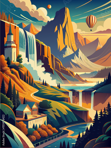 Mountainous Landscape with Waterfalls, Lighthouse, and Hot Air Balloon.