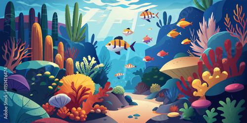 Colorful Underwater Scene with Coral Reefs and Tropical Fish.