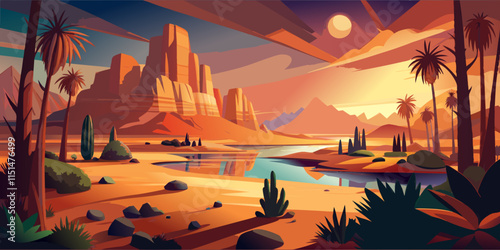 Vibrant Desert Landscape with River and Palm Trees at Sunset.