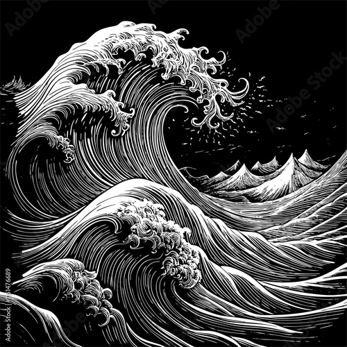 Black and White Illustration of Powerful Ocean Waves Crashing Against Each Other