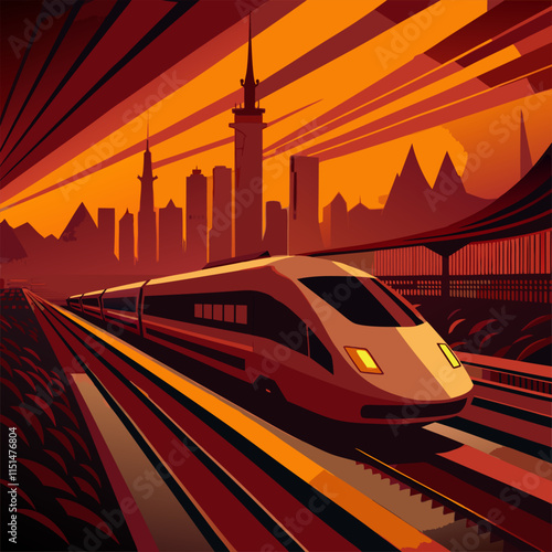 High-Speed Train Racing Through Modern City at Sunset.