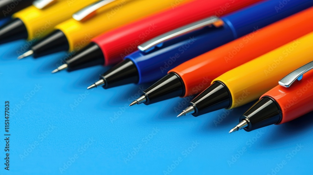 A vibrant arrangement of colorful pens lined up neatly against a bright blue background, showcasing a variety of hues and styles. A vibrant arrangement of colorful pens lined up neatly against a bright blue background, showcasing a variety of hues and styles.