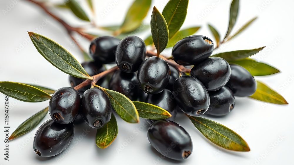 Black Olives on Branch - Pristine White Background - High Quality AI Photo Black Olives on Branch - Pristine White Background - High Quality AI Photo