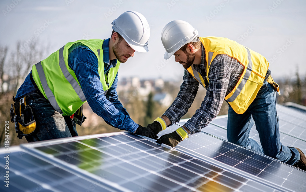 Engineers Installing Solar Panels on Rooftop Under Clear Sky for Practical Renewable Energy Implementation Engineers Installing Solar Panels on Rooftop Under Clear Sky for Practical Renewable Energy Implementation