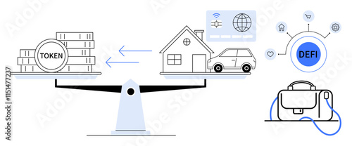 Scales balancing stacks of tokens with a house, car, and digital elements. Ideal for finance, technology, real estate, investment, innovation, cryptocurrency, DeFi. Line metaphor