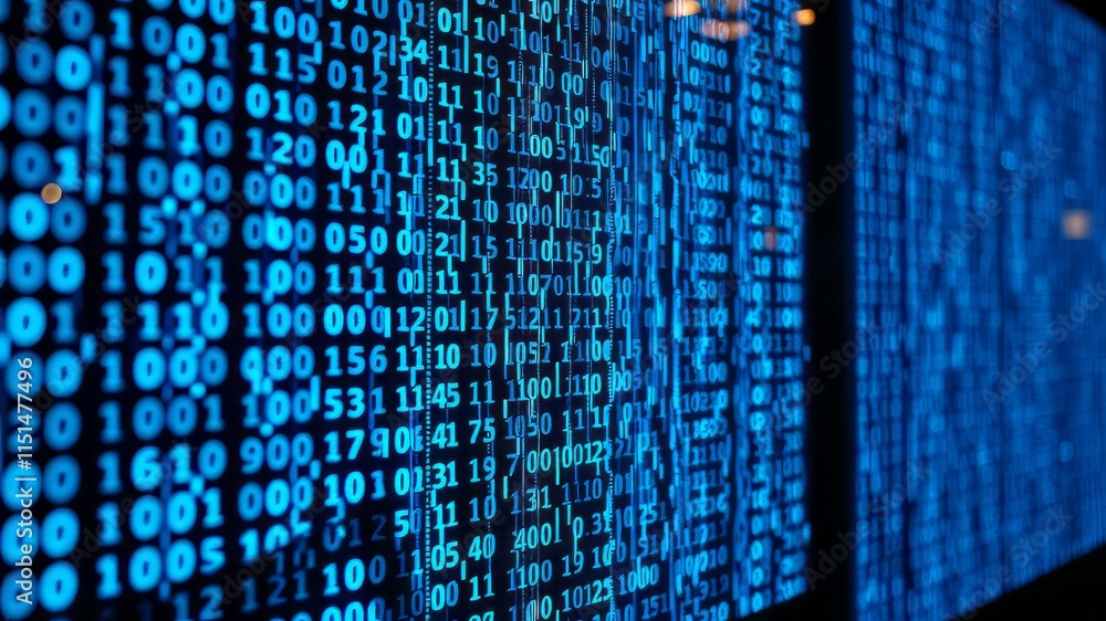 Blue Binary Rain Matrix Computer Digital Art, Blurred Numeric Background, High Resolution Blue Binary Rain Matrix Computer Digital Art, Blurred Numeric Background, High Resolution