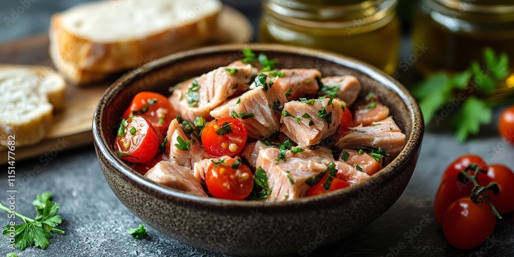 Bowl of fresh tuna with tomatoes and bread slices Bowl of fresh tuna with tomatoes and bread slices