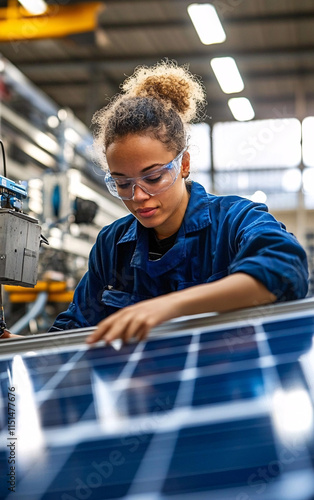 Technician Inspecting and Assembling Photovoltaic Solar Panels in Bright Industrial Workspace for Renewable Energy Production photo