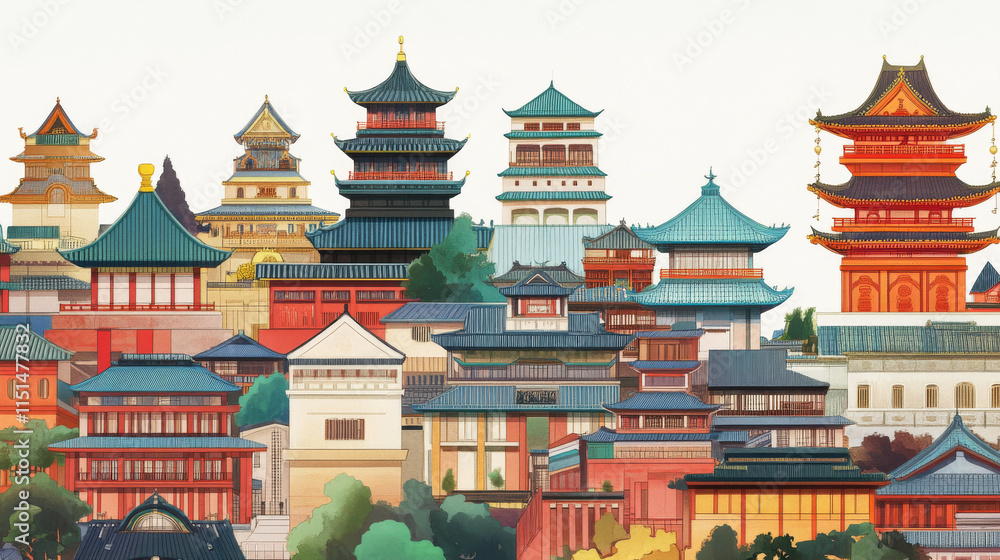 China traditional buildings. Cultural japan objects gate pagoda palace vector cartoon collection of buildings. Building palace, pagoda and traditional temple illustration China traditional buildings. Cultural japan objects gate pagoda palace vector cartoon collection of buildings. Building palace, pagoda and traditional temple illustration
