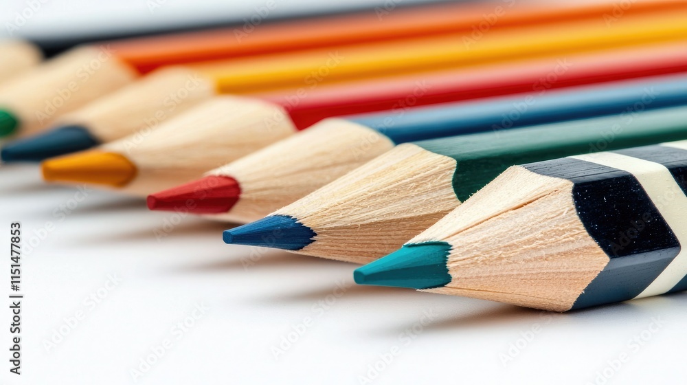 A vibrant array of colored pencils aligned neatly, showcasing their sharpened tips and diverse hues for artistic expression. A vibrant array of colored pencils aligned neatly, showcasing their sharpened tips and diverse hues for artistic expression.
