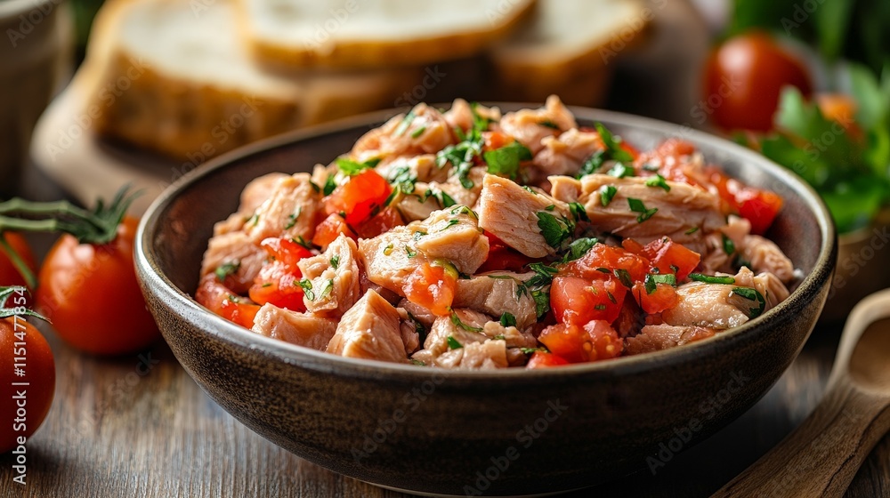 Bowl of fresh tuna with tomatoes and bread slices Bowl of fresh tuna with tomatoes and bread slices