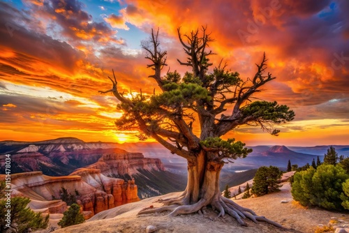 Dramatic sunset silhouettes of ancient bristlecone pines at Cedar Breaks National Monument, Utah. photo