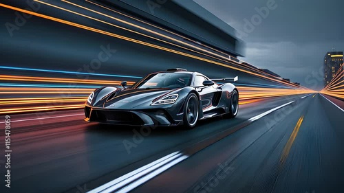 Sleek Sports Car Driving at High Speed on a City Highway with Motion Blur and Vibrant Light Trails

 photo