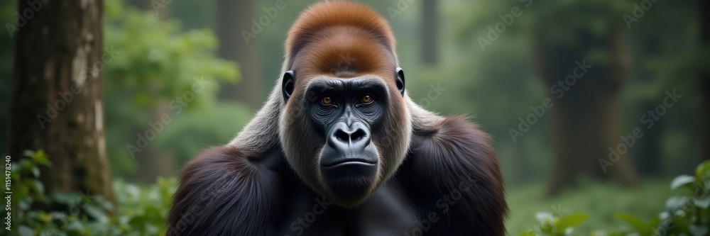 Obraz premium A Silverback Gorilla Stares Intensely From The Depths Of The Forest Its Eyes Hold A Thousand Secrets Reflecting The Enigmatic Nature Of The Jungle
