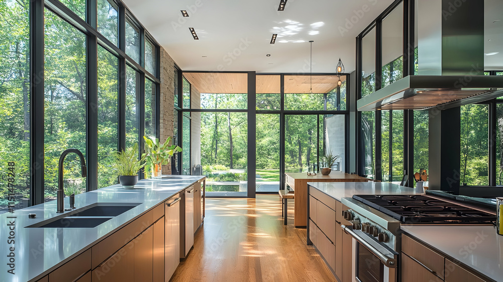 Fototapeta premium Modern Kitchen Design with Stunning Natural Light and Glass Walls