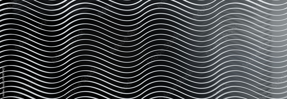 Illustration, white wave pattern on black background, 3D rendering, wavy, background, lines, banner, website. nobody Illustration, white wave pattern on black background, 3D rendering, wavy, background, lines, banner, website. nobody