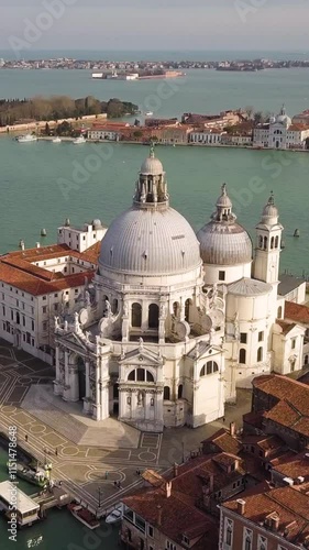 Aerial view of Basilica di Santa Maria della Salute in Venice. Vertical video