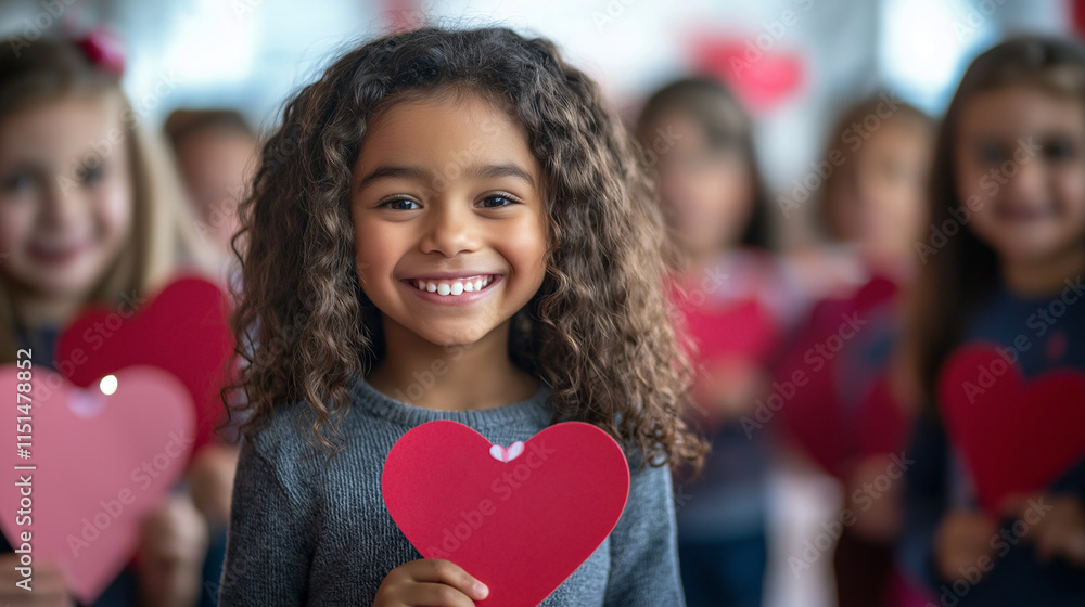Smiling girl holding a red paper heart in a group of children Smiling girl holding a red paper heart in a group of children