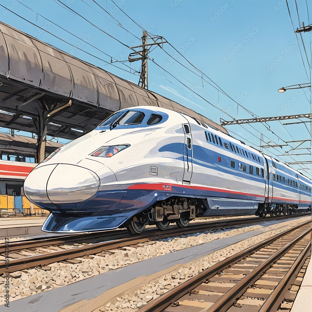 Fototapeta premium A blue and white bullet train traveling down train tracks.