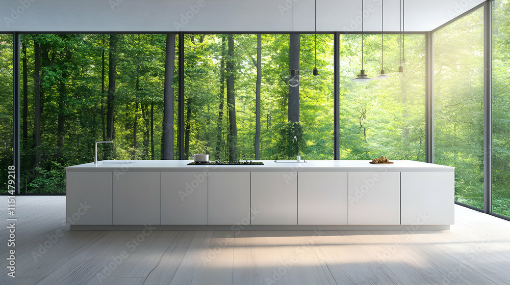 Fototapeta premium Modern Kitchen with Stunning Forest Views