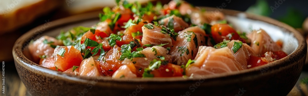 Bowl of fresh tuna with tomatoes and bread slices Bowl of fresh tuna with tomatoes and bread slices