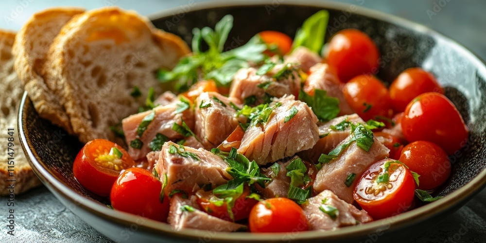 Bowl of fresh tuna with tomatoes and bread slices Bowl of fresh tuna with tomatoes and bread slices