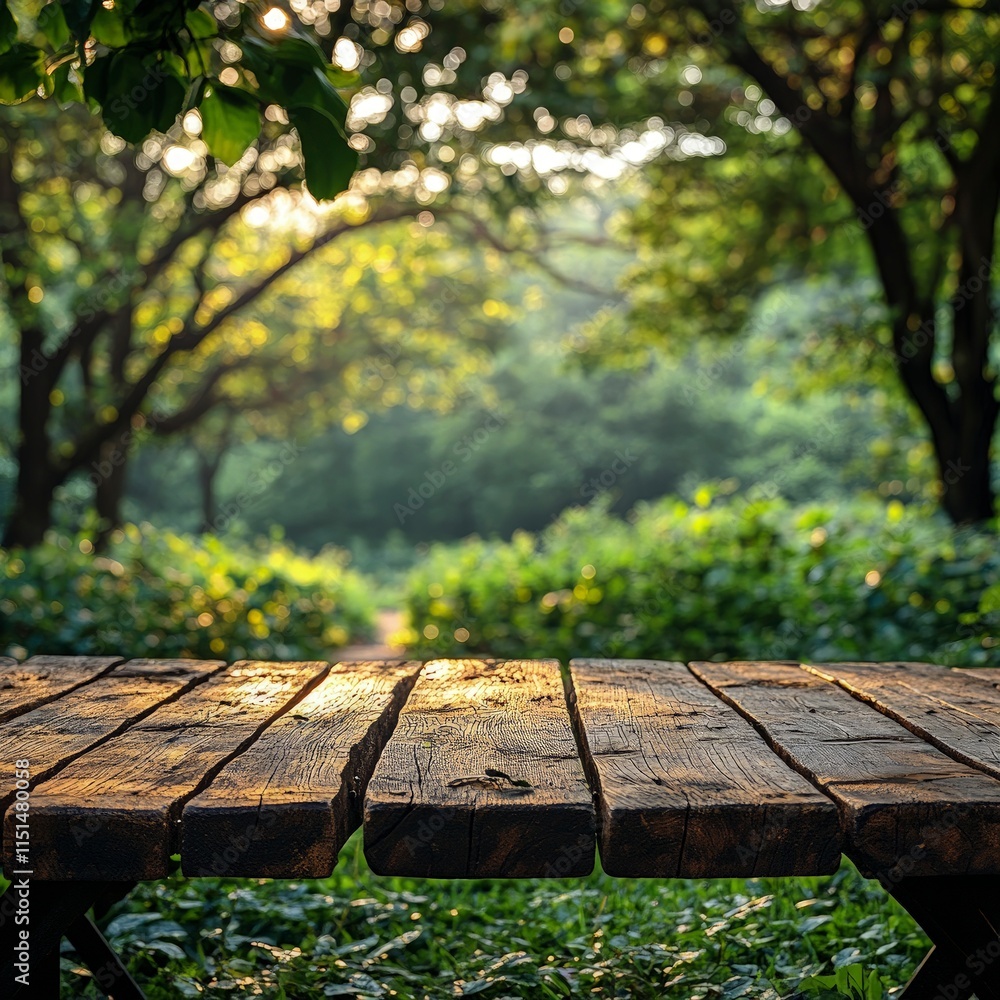 Empty wooden table in a lush green park bathed in the warm glow of sunset. Ideal for picnics, relaxation, or enjoying nature's beauty. Empty wooden table in a lush green park bathed in the warm glow of sunset. Ideal for picnics, relaxation, or enjoying nature's beauty.
