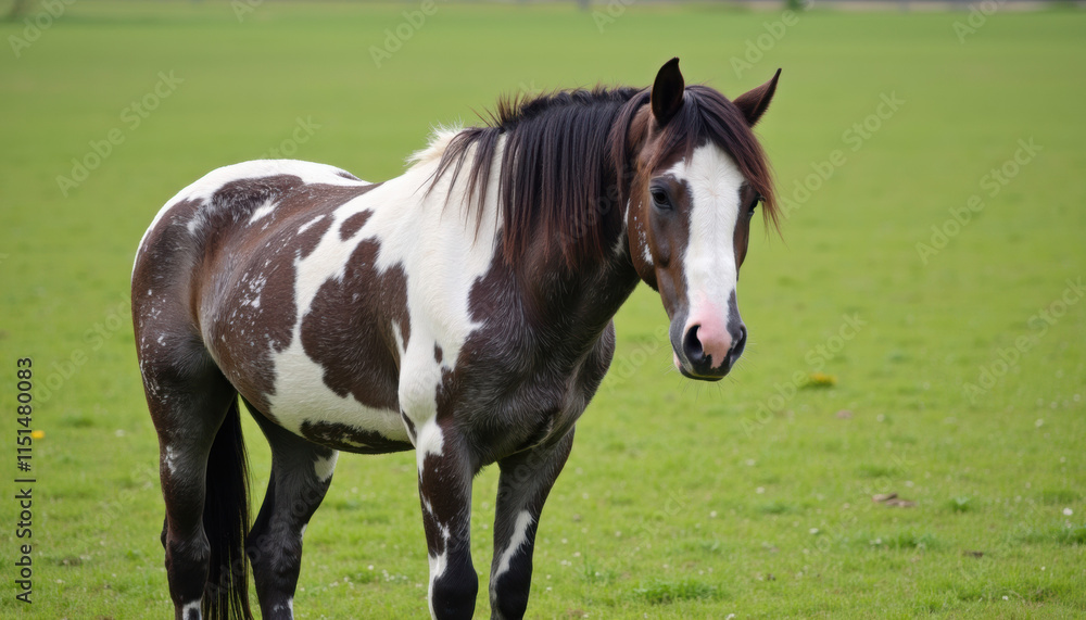 A close-up of an Appaloosa horse with distinct spotted coat, standing in a grassy field, minimal background A close-up of an Appaloosa horse with distinct spotted coat, standing in a grassy field, minimal background