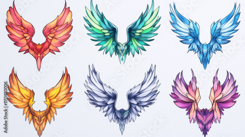 Tattoo design pictures of different stylized wings. Vector illustrations for logos design. Set of angel wings doodle set photo